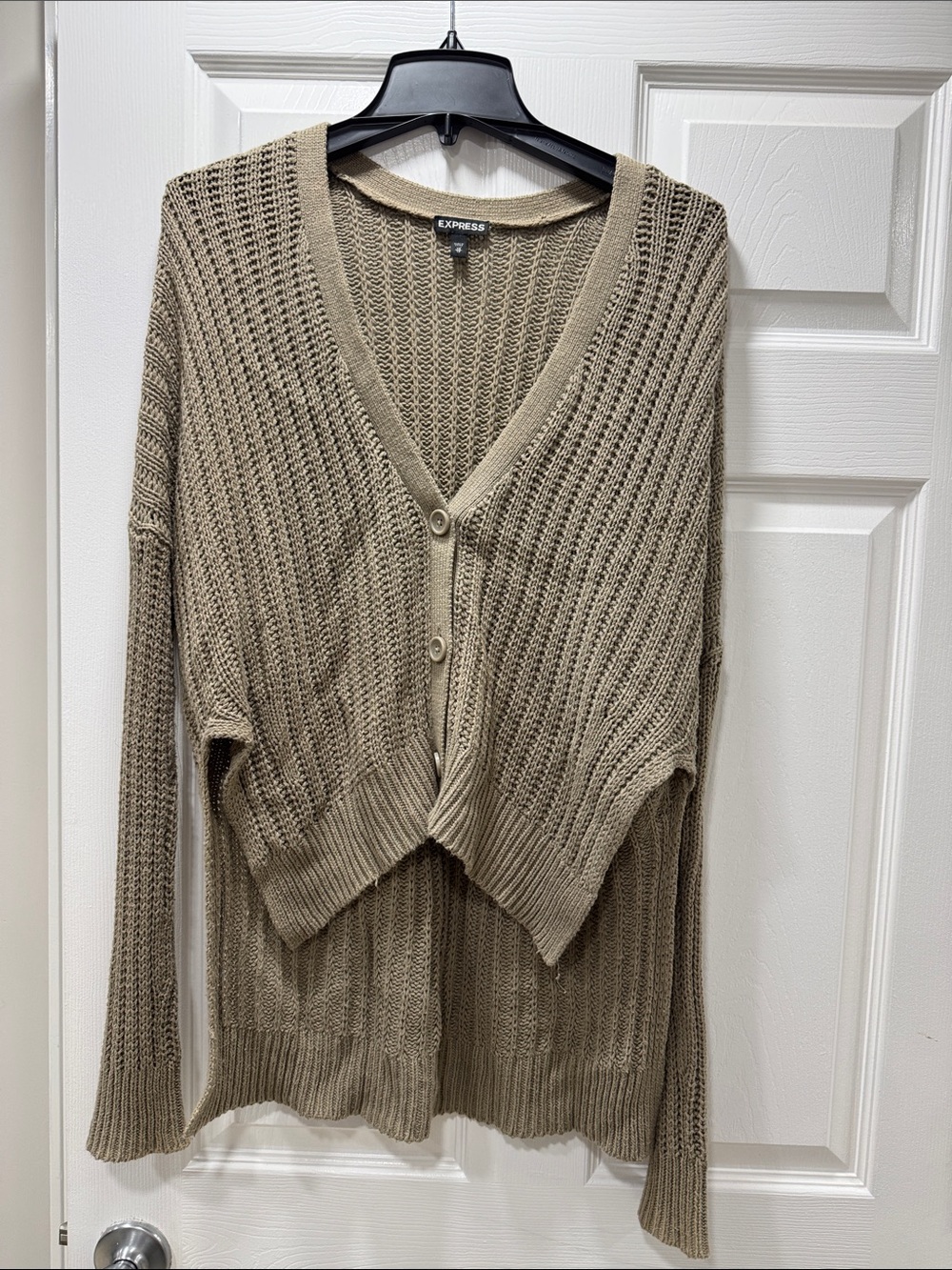 Express Women's Taupe Open-Knit Button Cropped front Cardigan and longer back